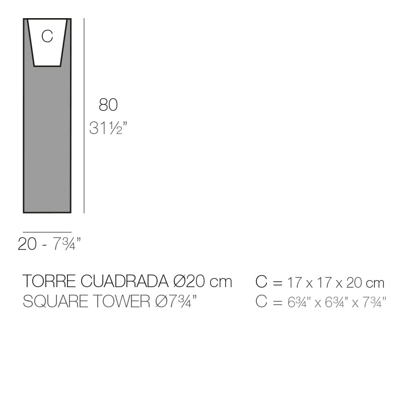 SQUARE TOWER POT 20x20x80 cm